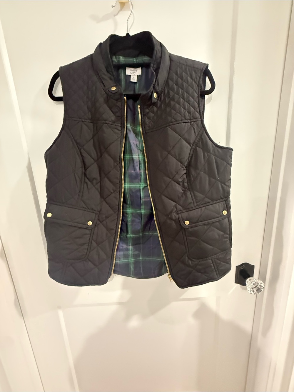 crown & ivy Black Quilted Vest with Plaid Lining